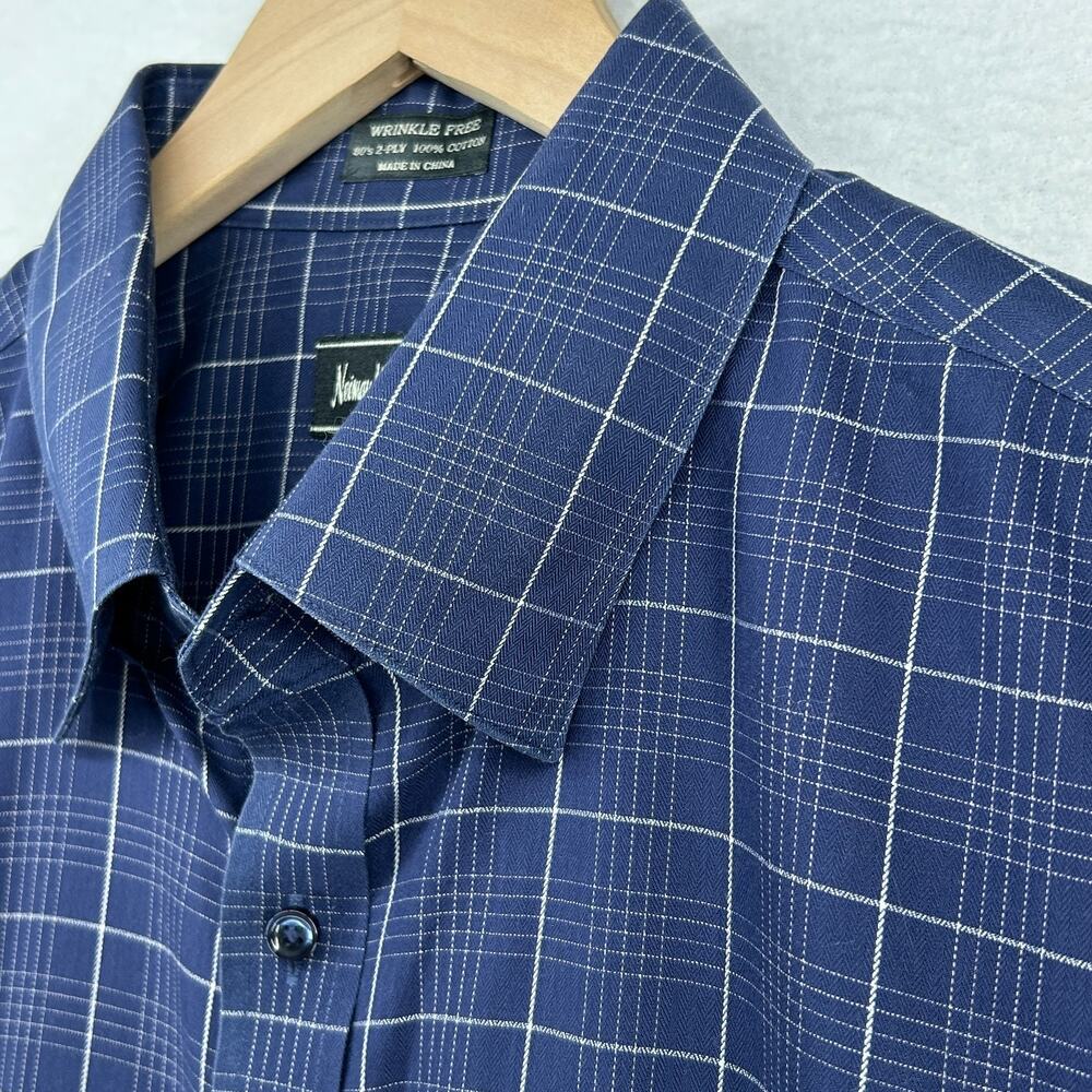 NEIMAN MARCUS Shirt Mens XL Wrinkle Free Plaid 80s 2 Ply Cotton Twill Blue
